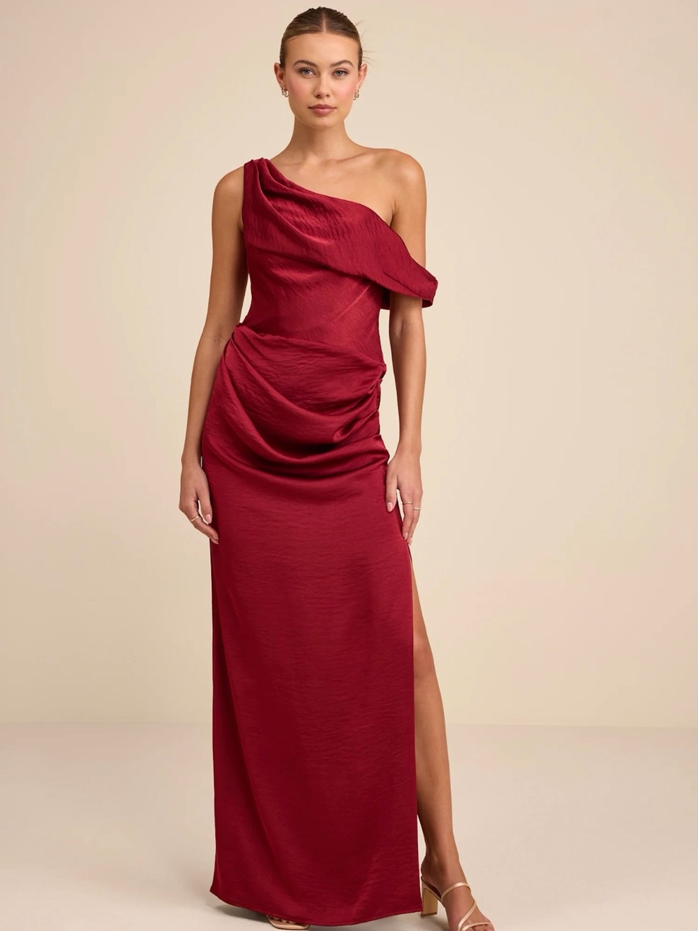 (NWT) Lulu’s Aviana Dark Red Satin Asymmetrical Dress, Size Small